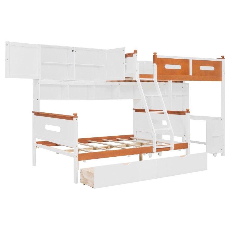 Beyaz ve Turuncu Masif Çam Ağacı ve MDF LED Işıklı Çalışma Masalı Dolaplı ve Çekmeceli Ranza - 321x145x189 cm - 250598