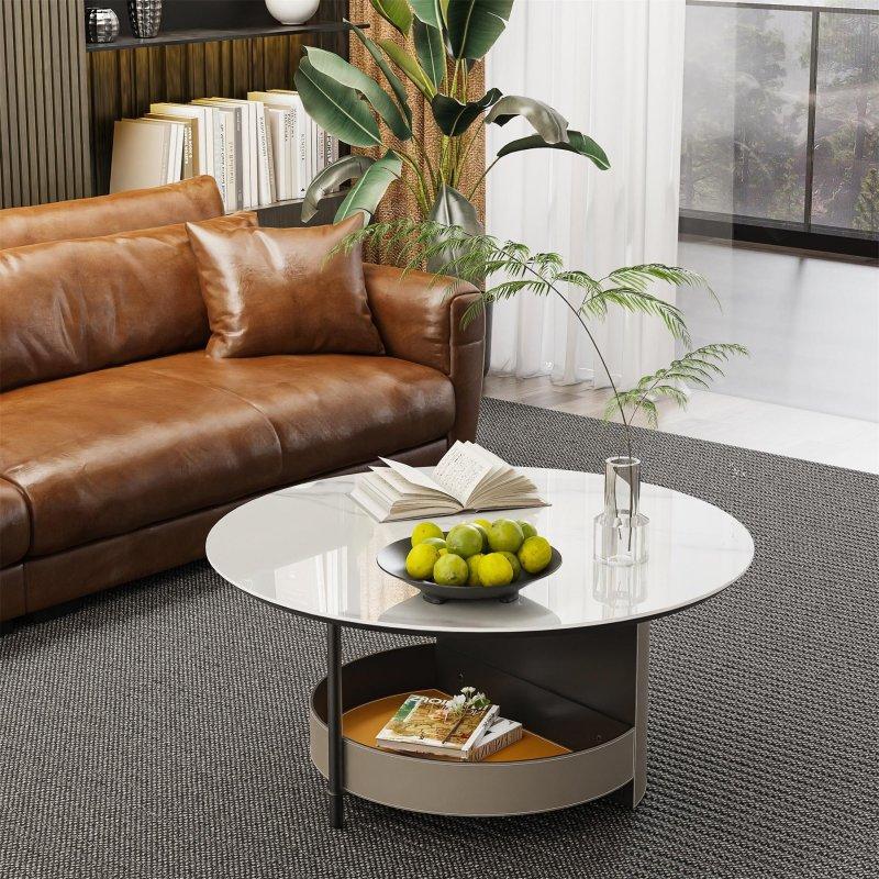 Beyaz ve Turuncu Sinterlenmiş Taş Depolama Raflı Yuvarlak Orta Sehpa - 80x40 cm - 241171