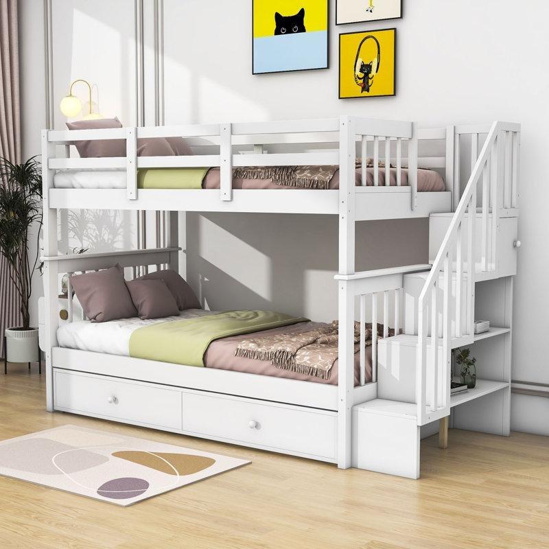 Beyaz Yavru Yataklı Merdivenli ve Raflı Masif Ahşap Ranza - 248046