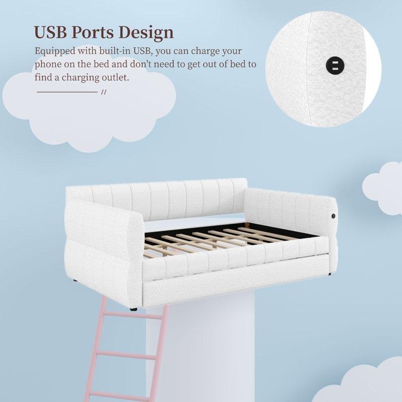 Beyaz Yün Döşemeli USB Portlu Tekerlekli Ahşap Yavru Yataklı Karyola - 157x223 cm - 328937