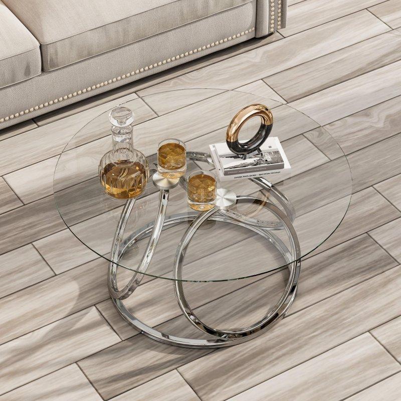 Cam Tablalı Halka Detaylı Demir İskeletli Yuvarlak Orta Sehpa - 82x46 cm - 241390