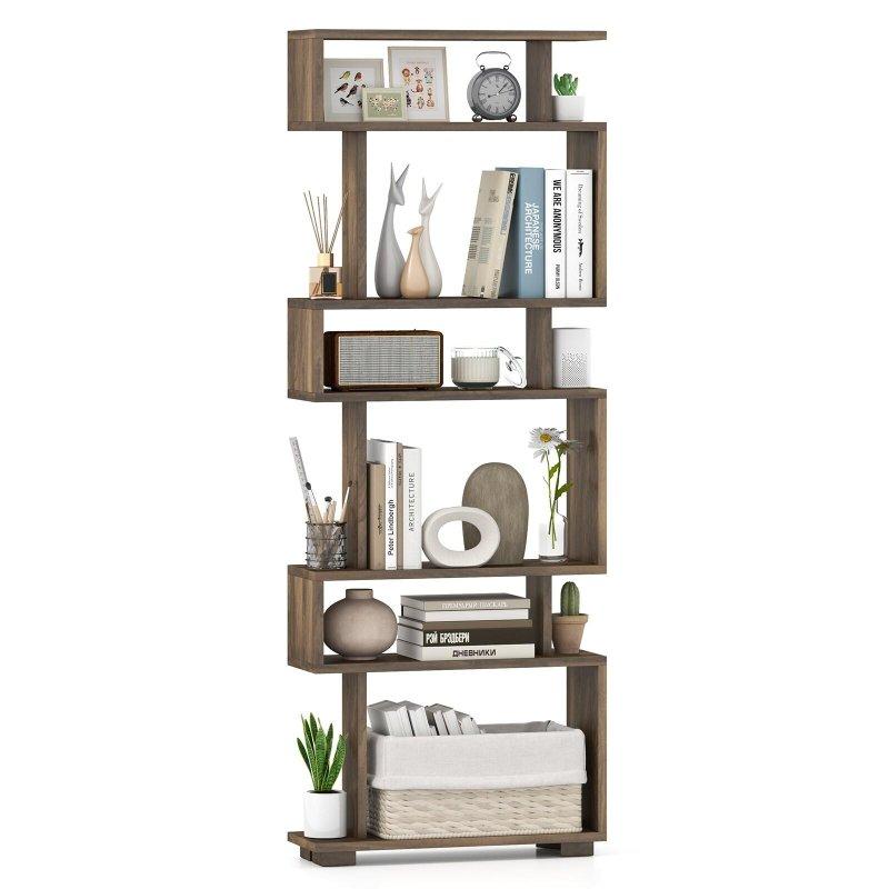 Ceviz Ahşap 6 Raflı Geometrik Tasarımlı Kitaplık - 60x21x163 cm - 315853