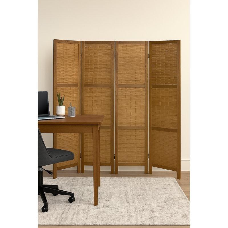 Ceviz Ahşap Bambu Örgülü Katlanır Paravan - 155x170 cm - 321066