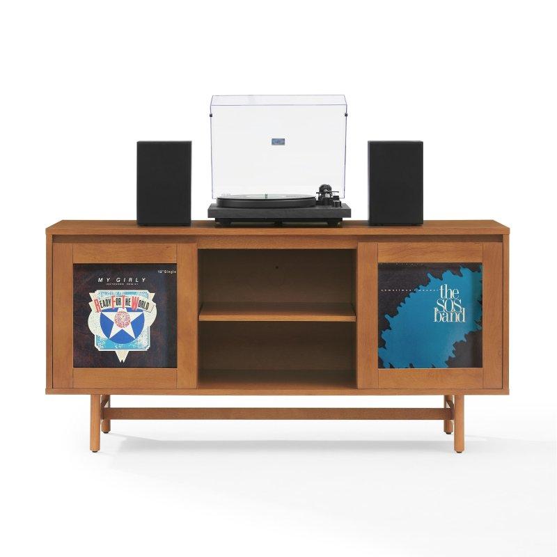 Ceviz Ahşap Cam Kapaklı Plak Saklamalı Kitaplık - 135x41x67 cm - 313072