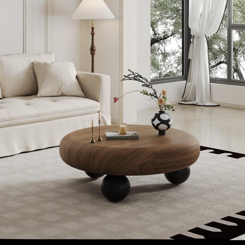 Ceviz Ahşap Gizli Çekmeceli Küre Ayaklı Yuvarlak Orta Sehpa - 90x30 cm - 241591