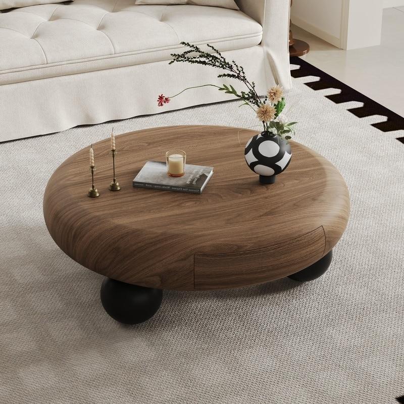 Ceviz Ahşap Gizli Çekmeceli Küre Ayaklı Yuvarlak Orta Sehpa - 90x30 cm - 241591