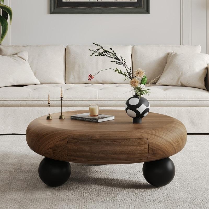 Ceviz Ahşap Gizli Çekmeceli Küre Ayaklı Yuvarlak Orta Sehpa - 90x30 cm - 241591