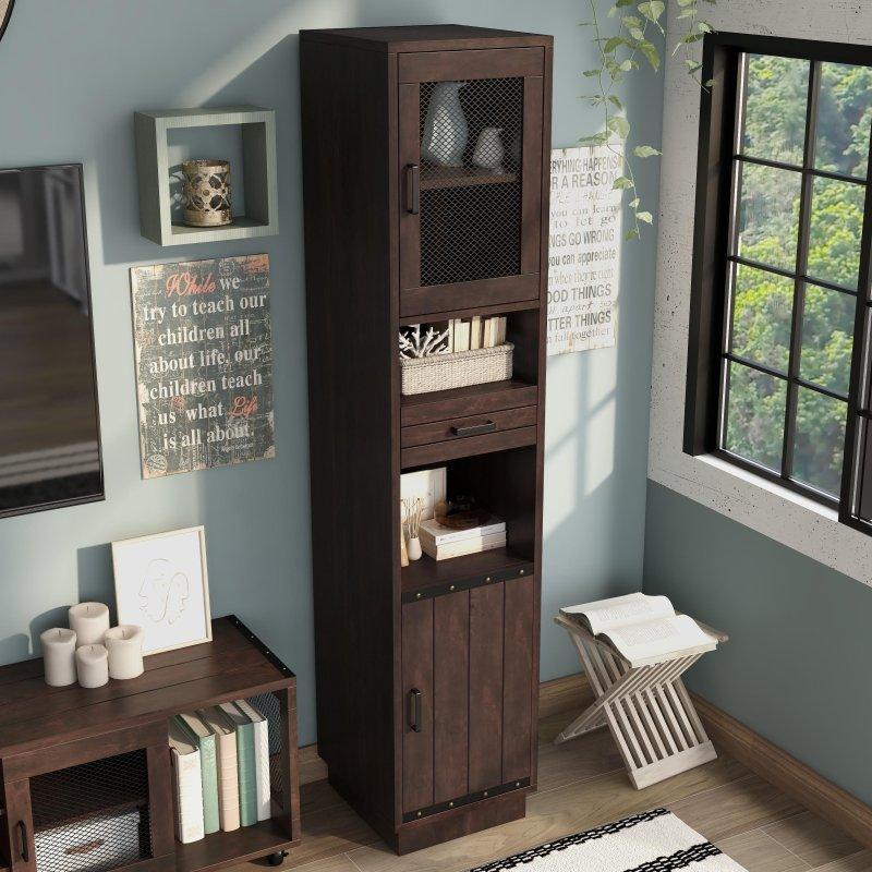 Ceviz Ahşap Metal Detaylı Çekmeceli Dolaplı Kitaplık - 40x43x192 cm - 316665
