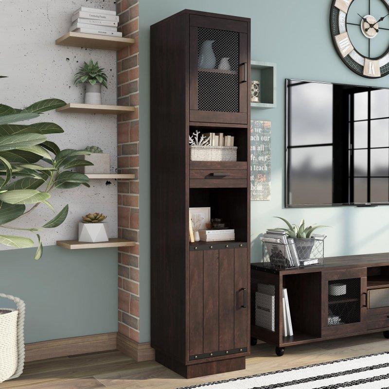 Ceviz Ahşap Metal Detaylı Çekmeceli Dolaplı Kitaplık - 40x43x192 cm - 316665