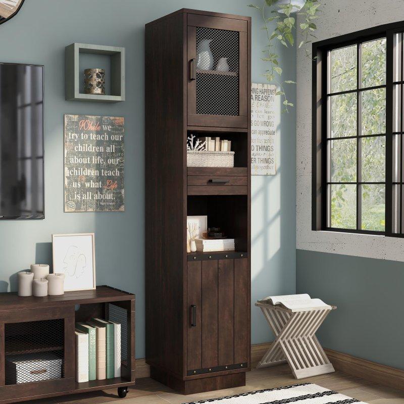 Ceviz Ahşap Metal Detaylı Çekmeceli Dolaplı Kitaplık - 40x43x192 cm - 316665