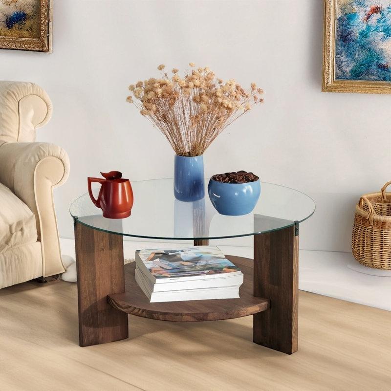 Ceviz Ahşap Üç Ayaklı Temperli Cam Yuvarlak Orta Sehpa - 41x76 cm - 244417