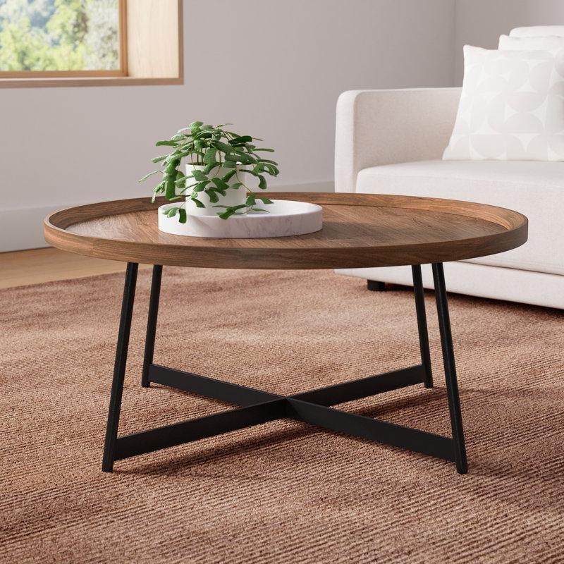 Ceviz Ahşap ve Siyah Çelik Çapraz Ayaklı Yuvarlak Orta Sehpa - 90 cm - 245753