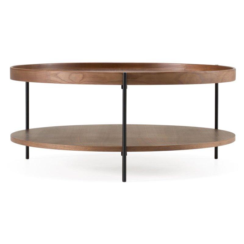 Ceviz Ahşap ve Siyah Metal İki Katlı Yuvarlak Orta Sehpa - 90 cm - 242390