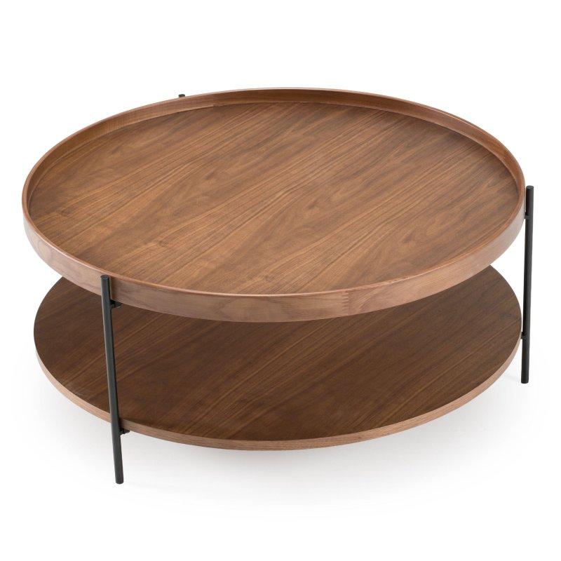 Ceviz Ahşap ve Siyah Metal İki Katlı Yuvarlak Orta Sehpa - 90 cm - 242390