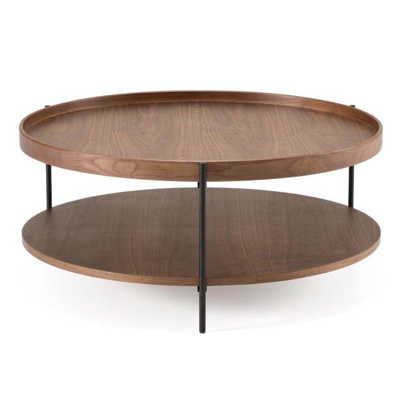 Ceviz Ahşap ve Siyah Metal İki Katlı Yuvarlak Orta Sehpa - 90 cm - 242390