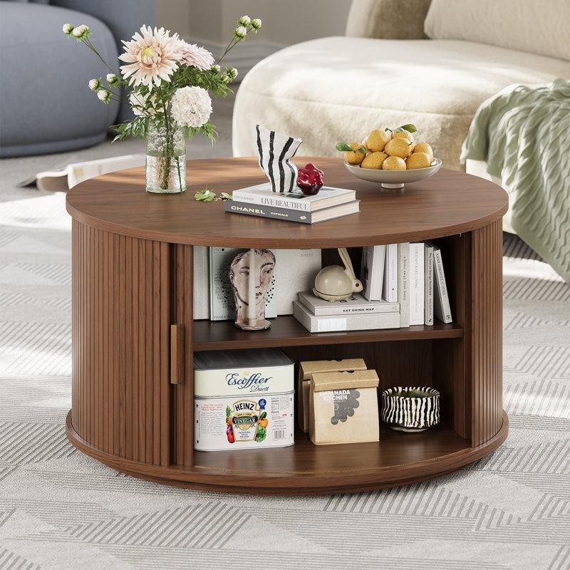Ceviz Ahşap Yivli 360° Sürgülü Kapaklı Yuvarlak Orta Sehpa - 81 cm - 244508
