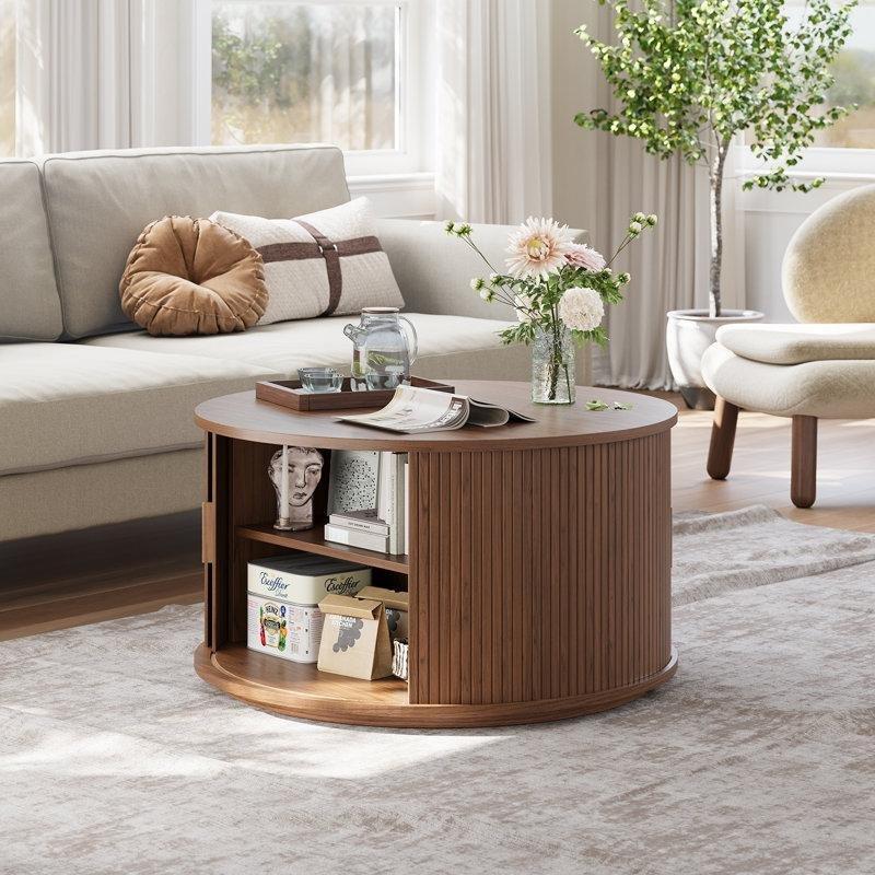 Ceviz Ahşap Yivli 360° Sürgülü Kapaklı Yuvarlak Orta Sehpa - 81 cm - 244508