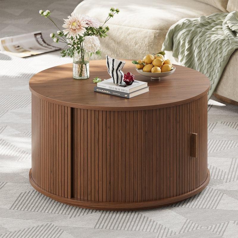 Ceviz Ahşap Yivli 360° Sürgülü Kapaklı Yuvarlak Orta Sehpa - 81 cm - 244508