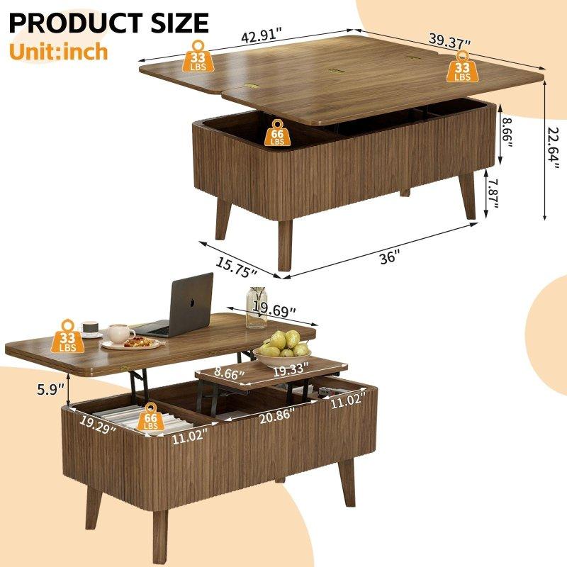 Ceviz Ahşap Yükseltilebilir Tablalı Depolamalı Akıllı Sehpa - 109x100x58 cm - 254083