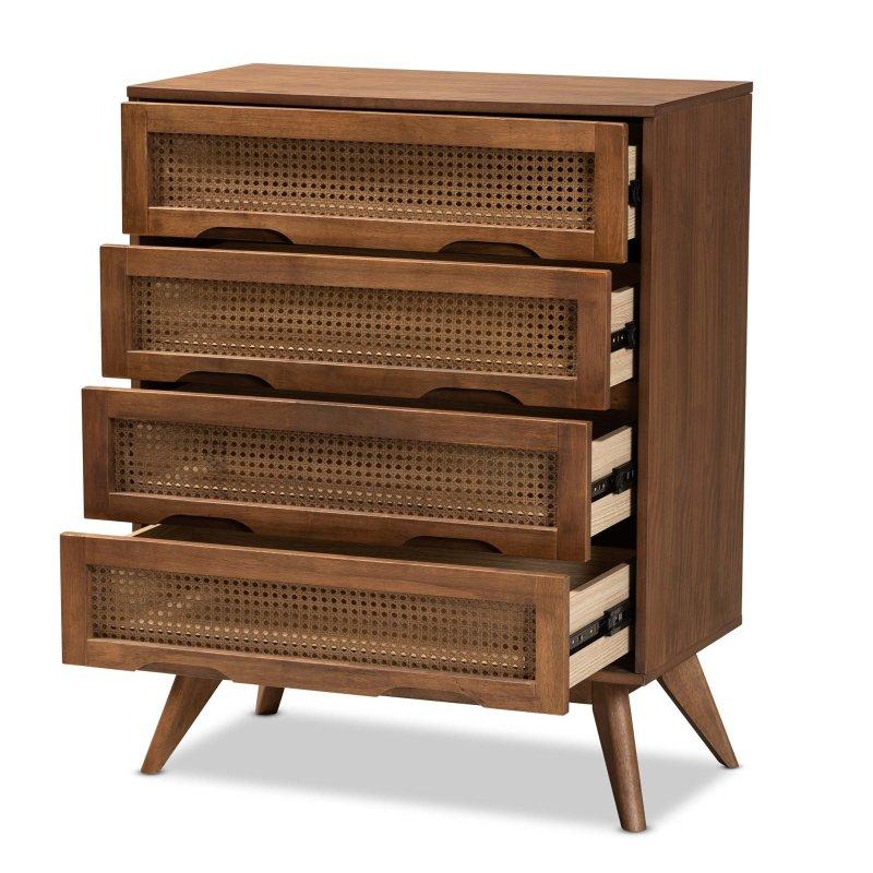 Ceviz Kahverengi Ahşap ve Rattan 4 Çekmeceli Yüzyıl Ortası Tasarım Şifonyer - 77x97x40 cm - 309485