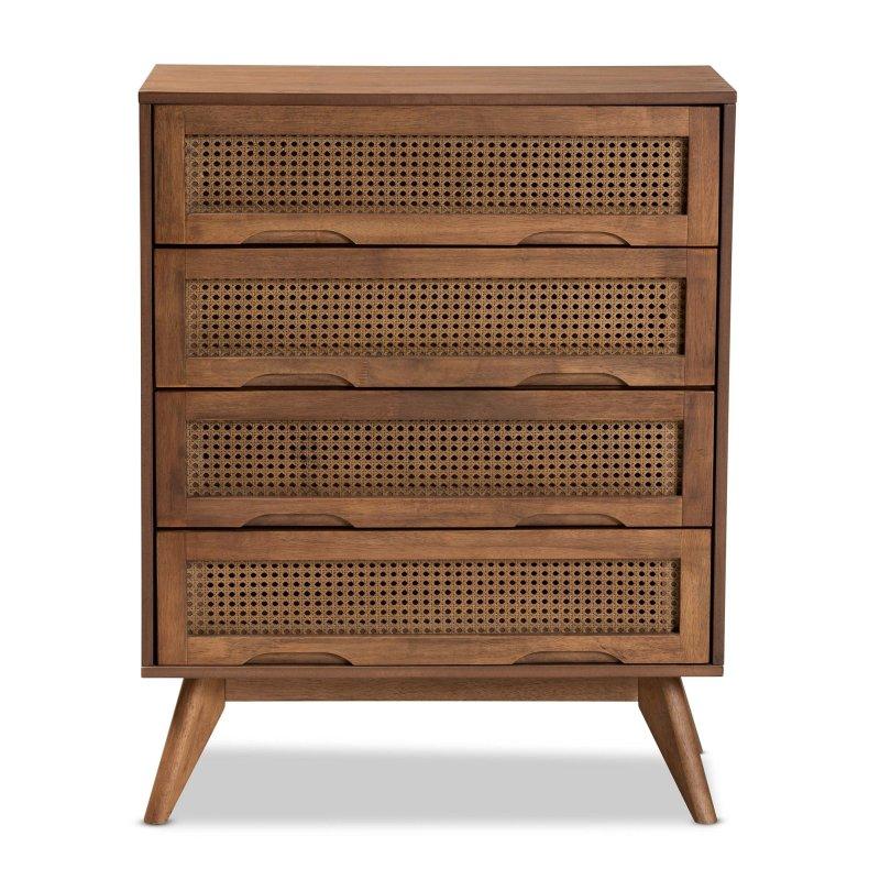 Ceviz Kahverengi Ahşap ve Rattan 4 Çekmeceli Yüzyıl Ortası Tasarım Şifonyer - 77x97x40 cm - 309485
