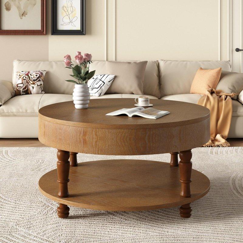 Ceviz Kahverengi Masif Ahşap Gizli Bölmeli Raflı Yuvarlak Orta Sehpa - 81x54 cm - 241383
