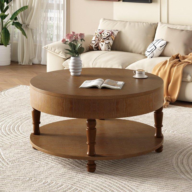 Ceviz Kahverengi Masif Ahşap Gizli Bölmeli Raflı Yuvarlak Orta Sehpa - 81x54 cm - 241383