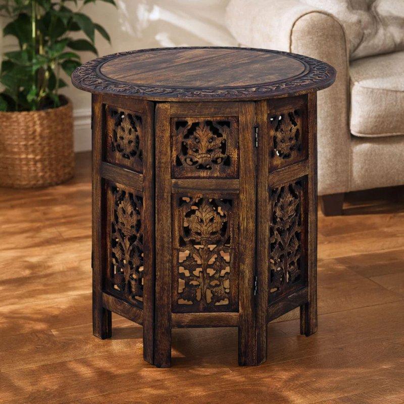 Ceviz Kahverengi Masif Mango Ağacı El Oyması Katlanabilir Yuvarlak Orta Sehpa - 46x46x46 cm - 240327