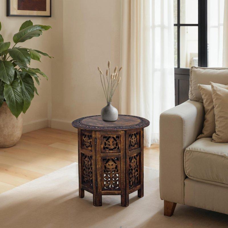 Ceviz Kahverengi Masif Mango Ağacı El Oyması Katlanabilir Yuvarlak Orta Sehpa - 46x46x46 cm - 240327