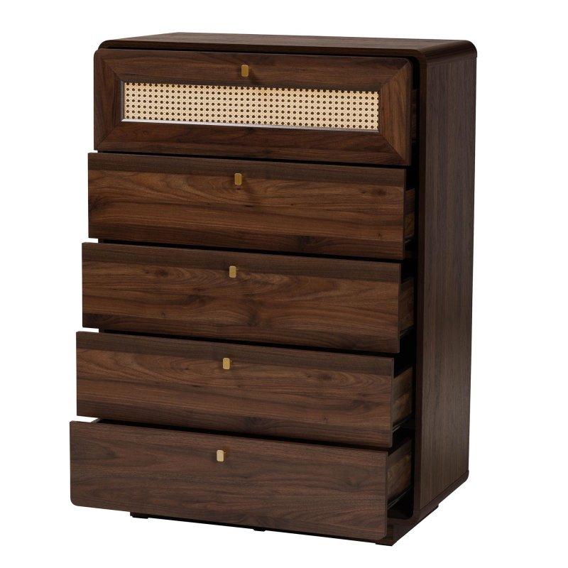 Ceviz Kahverengi Rattan Detaylı 5 Çekmeceli Ahşap Şifonyer - 81x40x114 cm - 296972