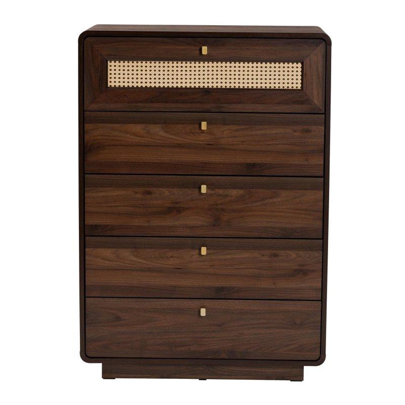 Ceviz Kahverengi Rattan Detaylı 5 Çekmeceli Ahşap Şifonyer - 81x40x114 cm - 296972