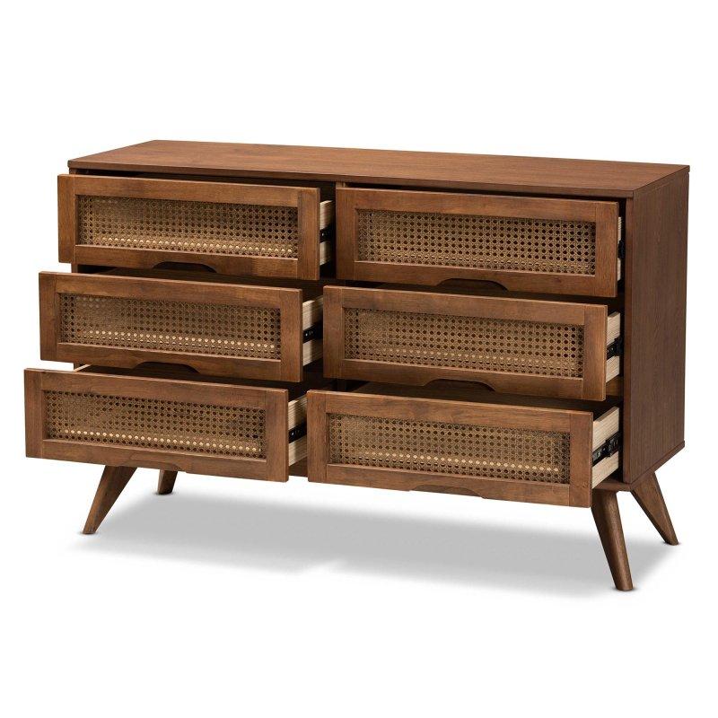 Ceviz Kahverengi Sentetik Rattan Detaylı 6 Çekmeceli Ahşap Şifonyer - 120 cm - 300342