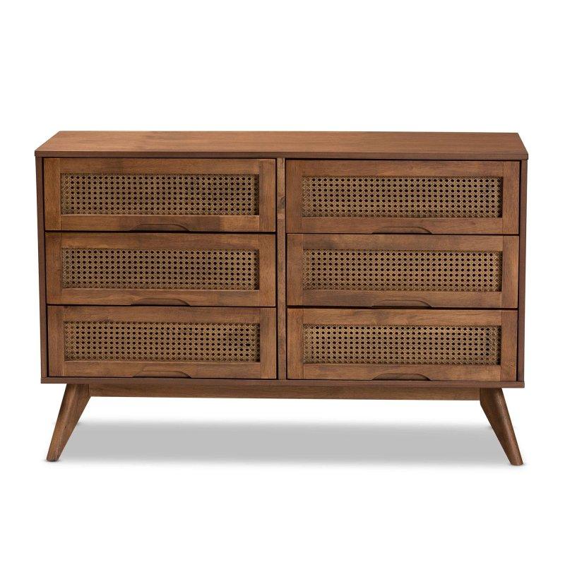Ceviz Kahverengi Sentetik Rattan Detaylı 6 Çekmeceli Ahşap Şifonyer - 120 cm - 300342