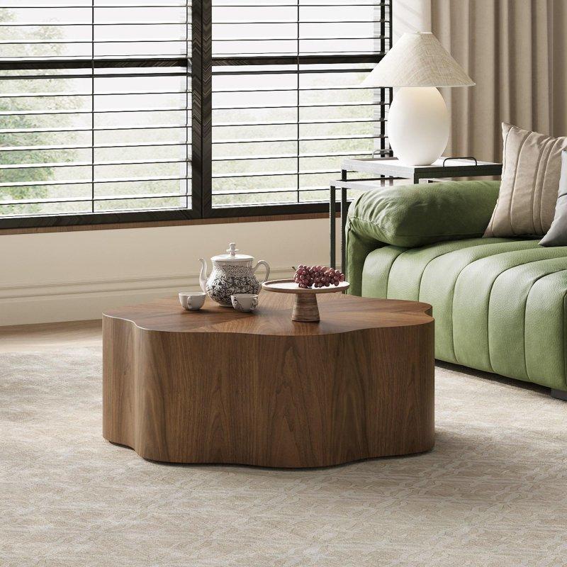 Ceviz Kaplama Ahşap Çiçek Tasarımlı Yuvarlak Orta Sehpa - 90x35 cm - 243342