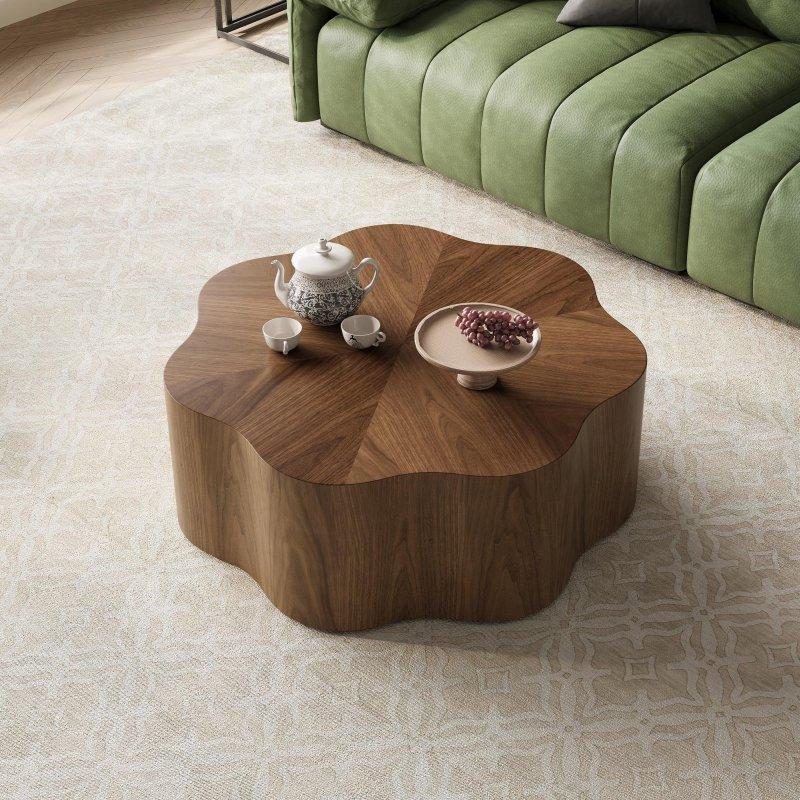 Ceviz Kaplama Ahşap Çiçek Tasarımlı Yuvarlak Orta Sehpa - 90x35 cm - 243342