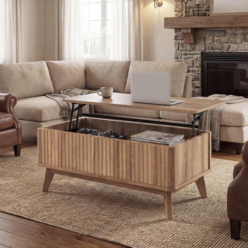 Ceviz Kauçuk Ağacı ve MDF Yivli Asansörlü Akıllı Sehpa - 91x51x42 cm - 254555