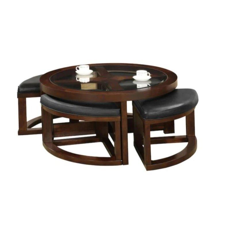 Ceviz Masif Ahşap Cam Tablalı Puf Dahil Yuvarlak Orta Sehpa - 102x49 cm - 242813