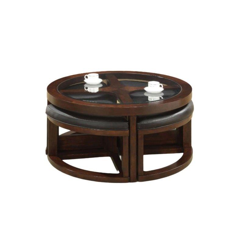 Ceviz Masif Ahşap Cam Tablalı Puf Dahil Yuvarlak Orta Sehpa - 102x49 cm - 242813