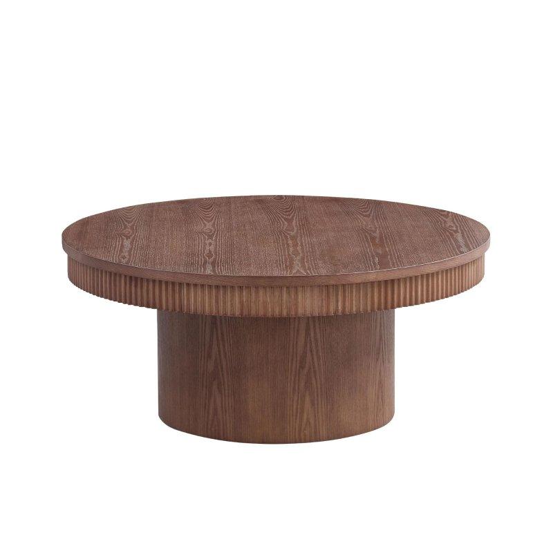 Ceviz Masif Ahşap ve MDF Yivli Dalgalı Kenarlı Yuvarlak Orta Sehpa - 90x40 cm - 240364