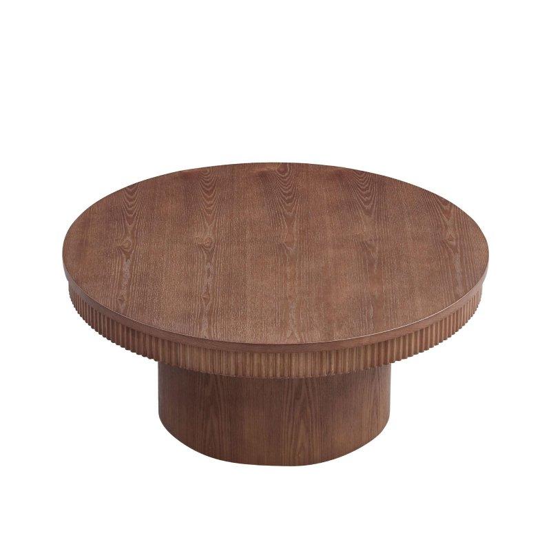 Ceviz Masif Ahşap ve MDF Yivli Dalgalı Kenarlı Yuvarlak Orta Sehpa - 90x40 cm - 240364