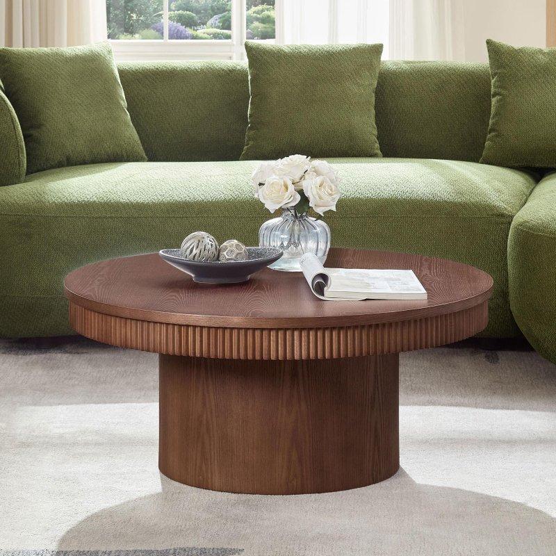 Ceviz Masif Ahşap ve MDF Yivli Dalgalı Kenarlı Yuvarlak Orta Sehpa - 90x40 cm - 240364
