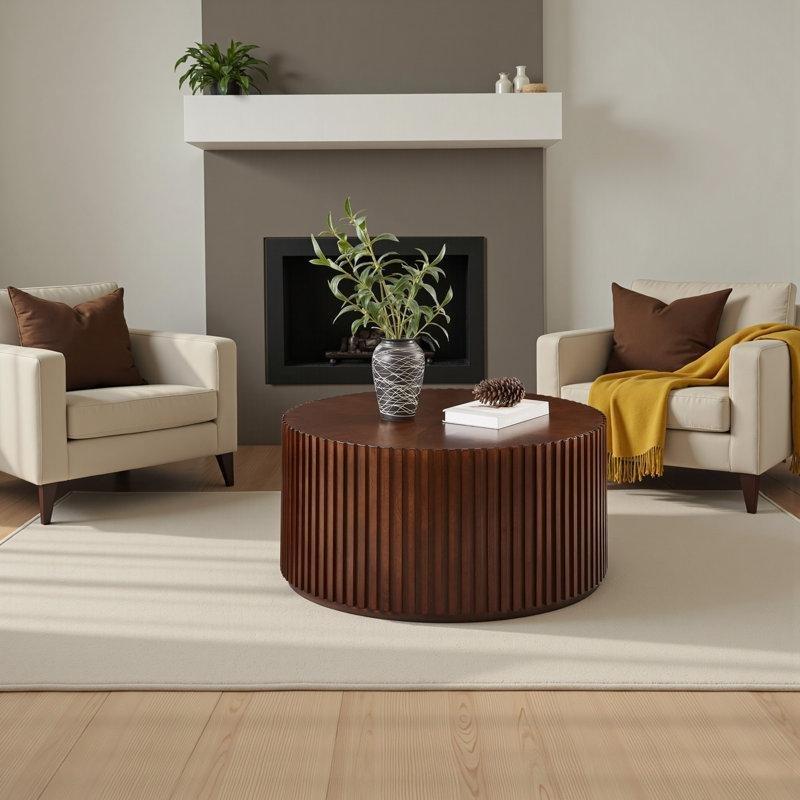 Ceviz Masif Ahşap Yivli Tasarım Yuvarlak Orta Sehpa - 81x41 cm - 245342