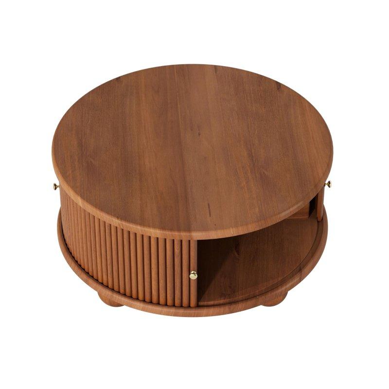Ceviz Masif Çam Ağacı Yivli Sürgülü Kapaklı Yuvarlak Orta Sehpa - 81x42 cm - 241541
