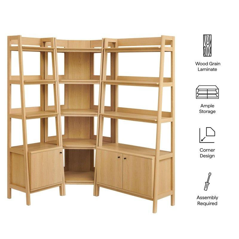 Ceviz MDF 3 Parçalı Dolaplı Köşe Kitaplık Seti - 224 cm - 316495