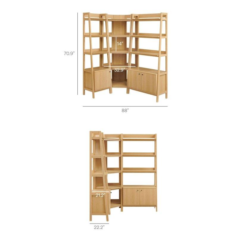 Ceviz MDF 3 Parçalı Dolaplı Köşe Kitaplık Seti - 224 cm - 316495
