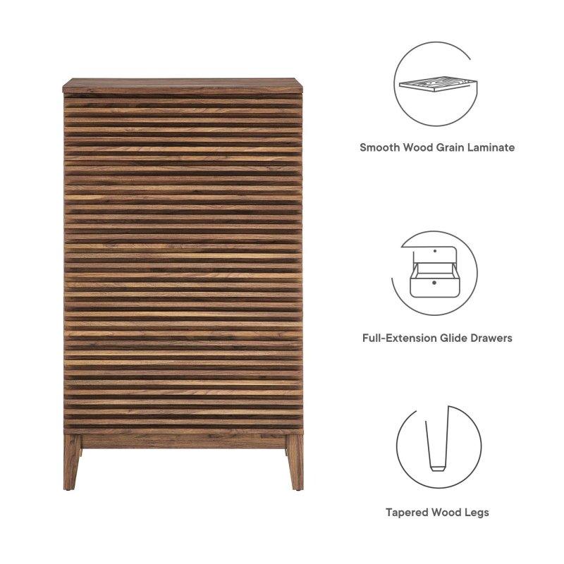Ceviz MDF 5 Çekmeceli Yivli Şifonyer - 80x134 cm - 304374
