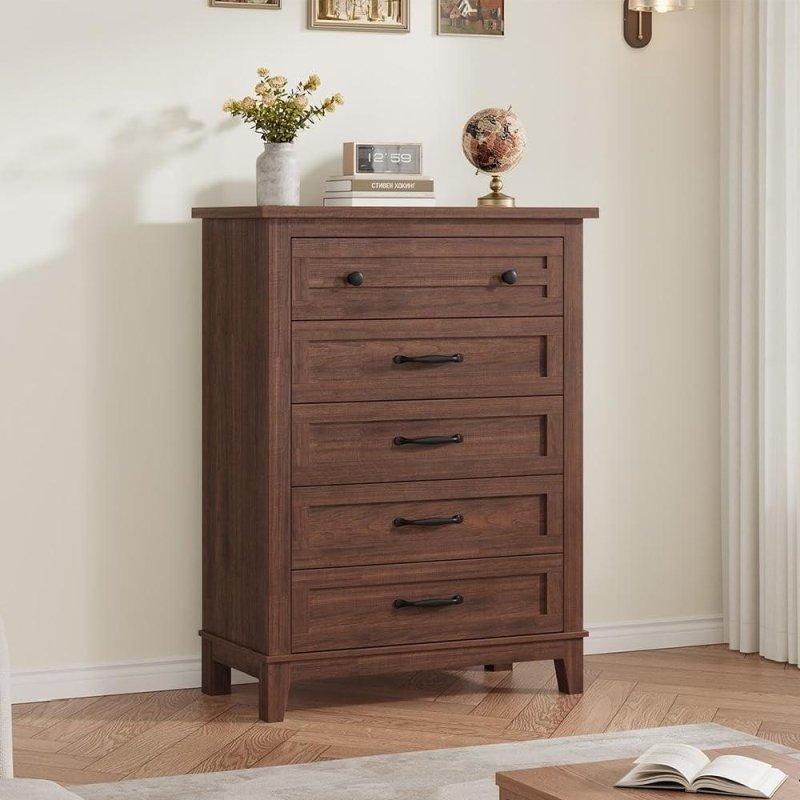 Ceviz MDF 5 Çekmeceli Yüksek Ayaklı Desenli Şifonyer - 81x41x105 cm - 300260