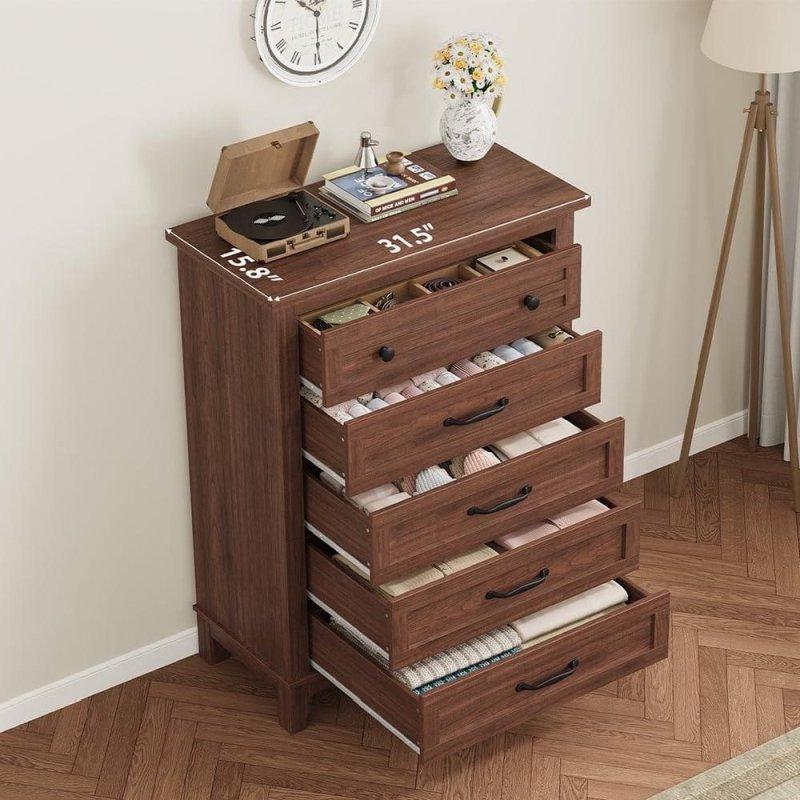 Ceviz MDF 5 Çekmeceli Yüksek Ayaklı Desenli Şifonyer - 81x41x105 cm - 300260