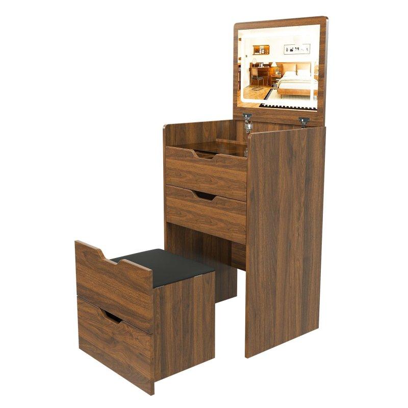 Ceviz MDF Aydınlatmalı Aynalı ve Tabureli 3ü 1 Arada Makyaj Masalı Şifonyer - 296331