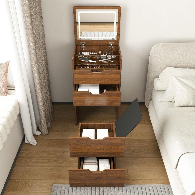 Ceviz MDF Aydınlatmalı Aynalı ve Tabureli 3ü 1 Arada Makyaj Masalı Şifonyer - 296331 Ceviz MDF Aydınlatmalı Aynalı ve Tabureli 3ü 1 Arada Makyaj Masalı Şifonyer - 296331